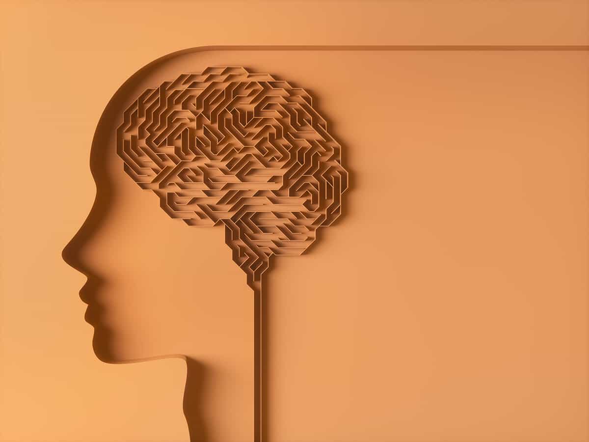 illustration of a maze inside a human head, in the shape of a brain